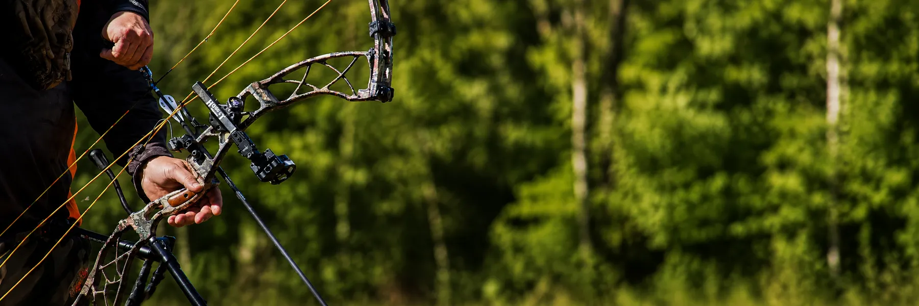 An archer at full draw in the bush, a Big Fella's shooter.